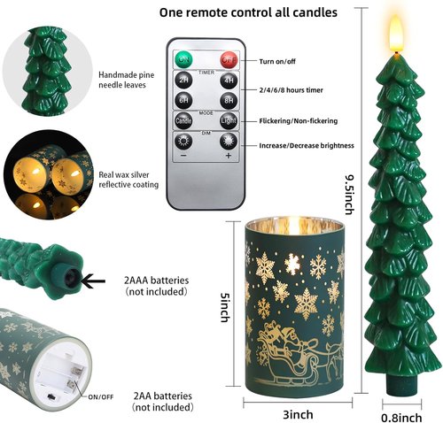 Lezonic Flameless Christmas Candles - Remote-Controlled Green Tree Flickering LED Set of 4