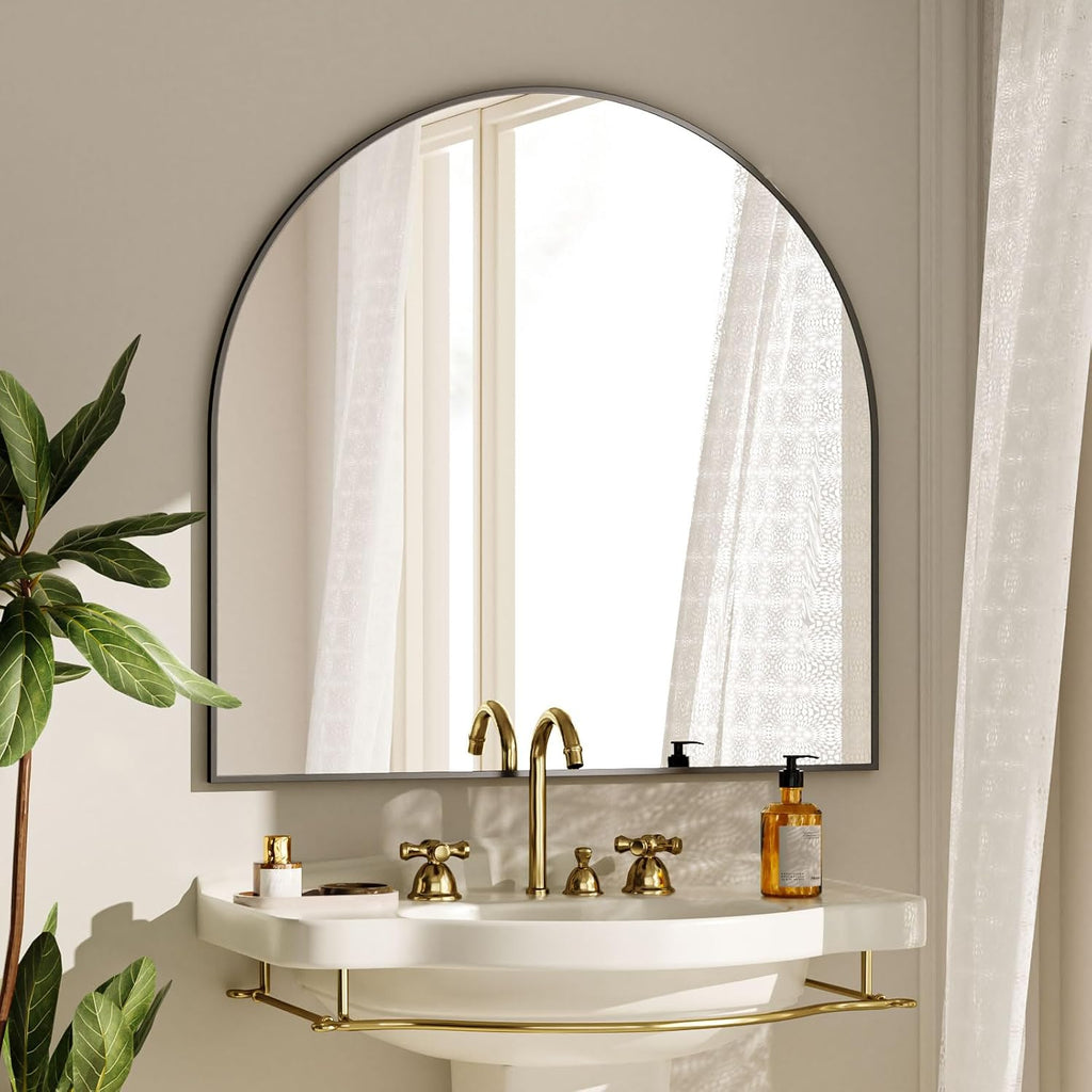 VooBang Wide Arched Wall Mirror - 31 x 32 Inch Modern Bathroom Mirror with Metal Frame | Black Finish