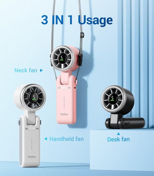 Diveblues Portable Handheld Turbo Fan - 5-Speed Wind | Battery Operated, 12-Hour Runtime, 3-in-1 Cooling Solution for Travel & Outdoor Use