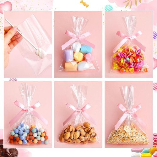 Honoson 50 Sets Cake Pop Sticks and Wrappers Kit with Clear Cake Pop Bags, 6 Inch Paper Lollipop Sticks and Bows for Cakepops, Candy and Chocolate, Valentine’s Day, Wedding and Party Favors (Pink)