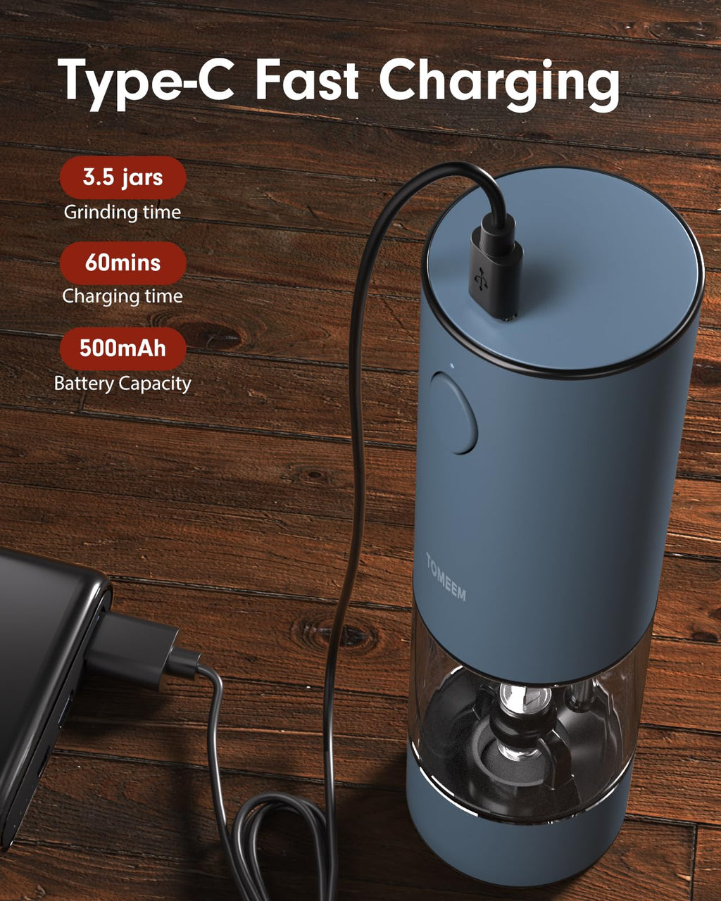 TOMEEM Upgraded Larger Capacity Electric Salt and Pepper Grinder Set Rechargeable with LED lights, Stainless Steel Automatic Pepper and Salt Grinder Refillable with 5 Adjustable Coarseness Blue