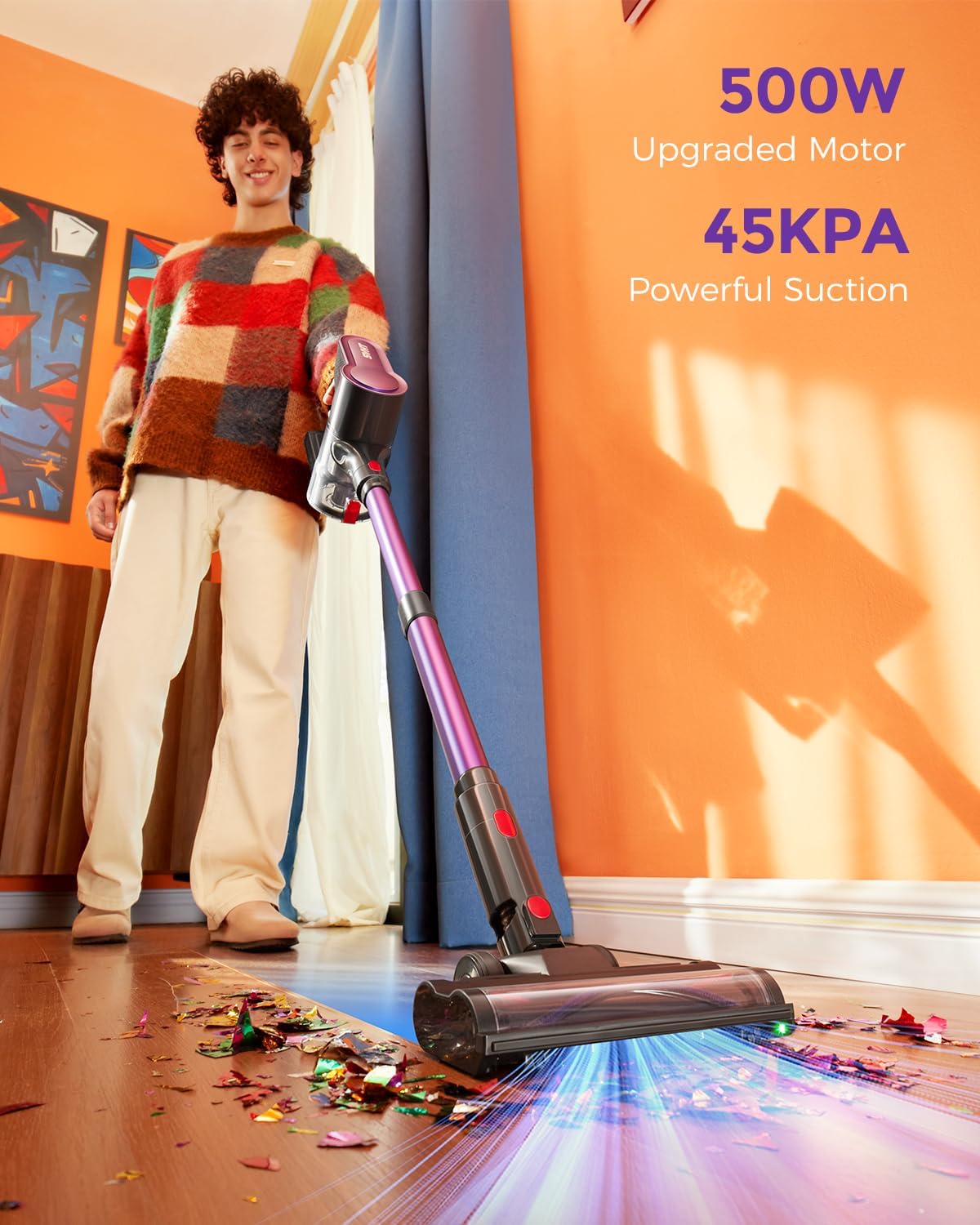 Skiennix Cordless Vacuum Cleaner - 500W, 45KPA Suction Power, 50 Mins Runtime, LED Light, Self-Standing Design, 1.6L Dust Cup, Lightweight for Pet Hair & Hard Floors