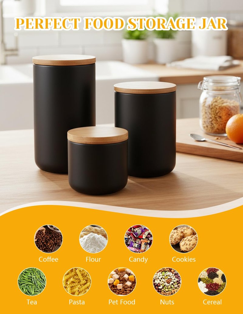 YYW Ceramic Food Storage Containers with Lids, Kitchen Canisters for Countertop, Black Food Containers Jar for Flour, Coffee Bean, Sugar, Tea, Spices and More, Home Decor (260ml/8.79oz)