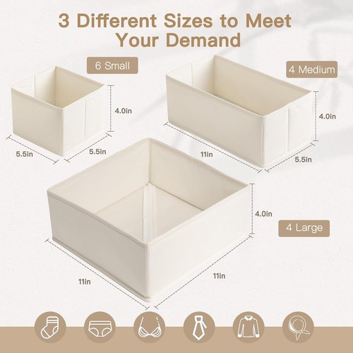 Criusia Drawer Organizer - 14 Pack Dresser Storage Bins for Baby Clothes & Underwear | Foldable Beige Dividers