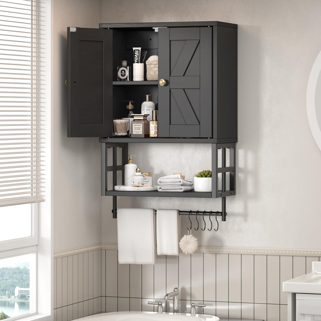 FUNHUKSON Farmhouse Medicine Cabinet - 3-Tier Wall Mounted Storage Organizer with Adjustable Shelves, Towel Bar, 5 Hooksfor Small Bathroom, Laundry Room, Over Toilet, Living Room, Bedroom (Black)