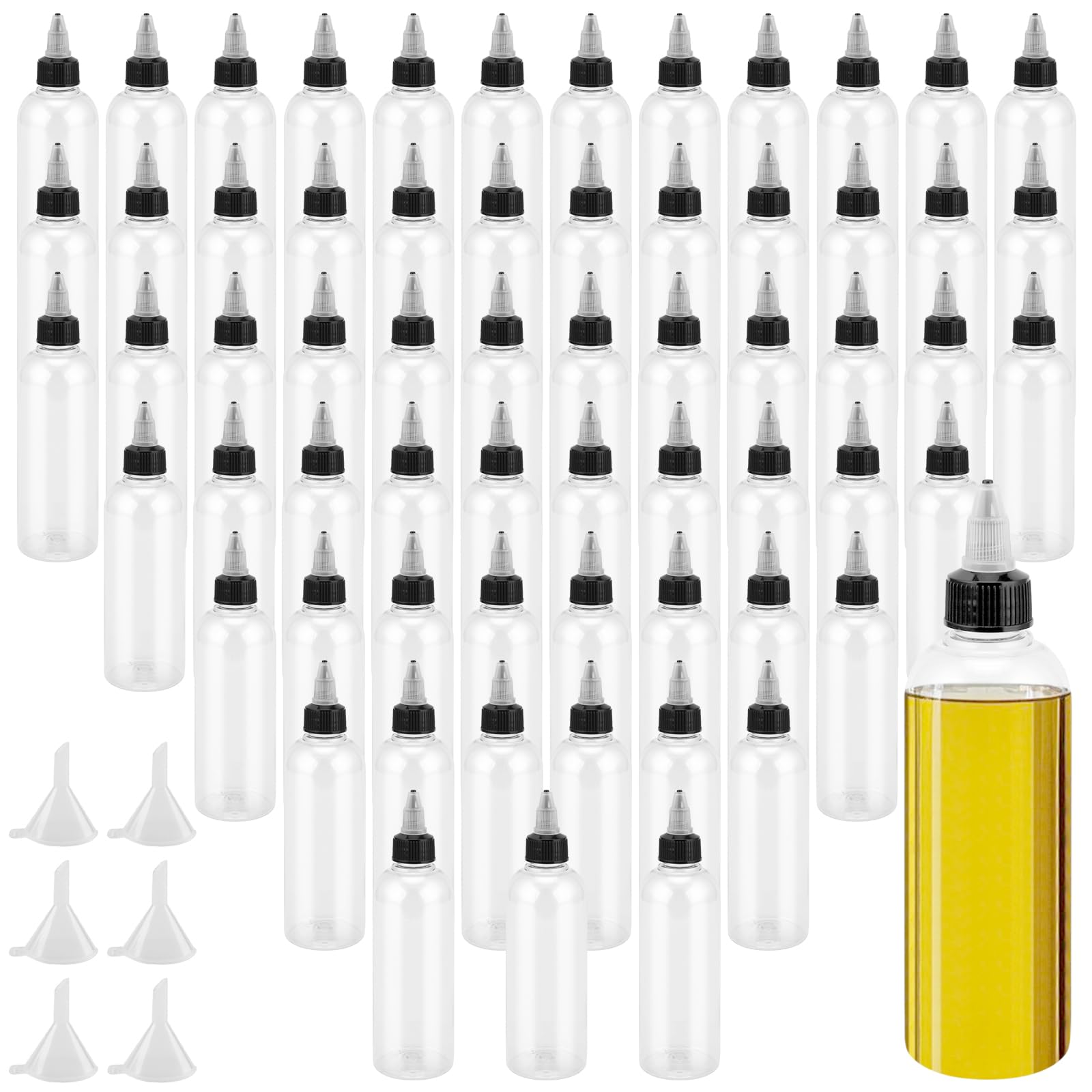 MOUYAT 64 PCS 4 oz 120ml Plastic Boston Squeeze Bottles, Paint Squeeze Bottles, Empty Dispensing Bottle With Twist Top Cap, Black White Plastic Squeeze Bottle for Oil, Paint