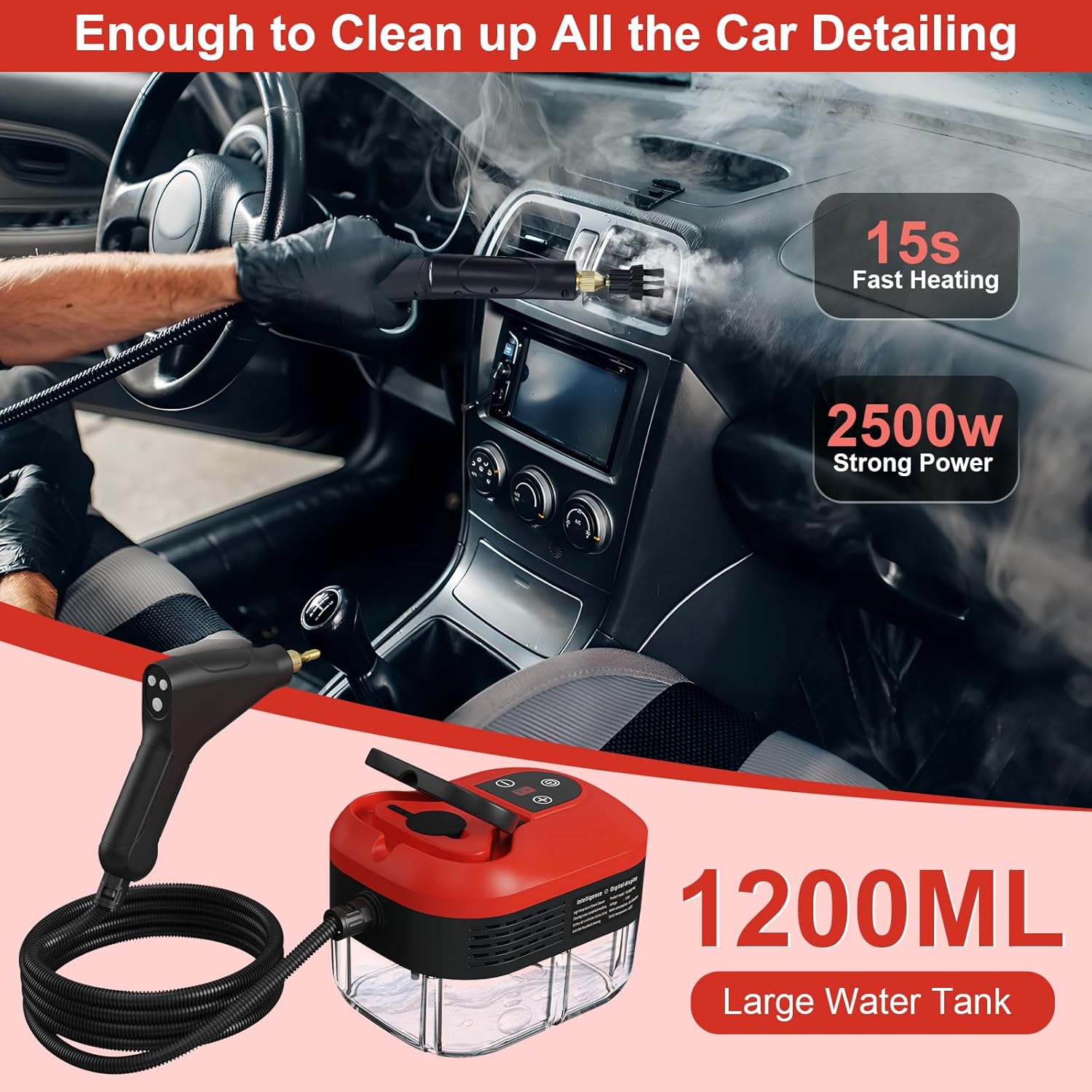 Skiennix Handheld Steam Cleaner - 15s Quick Heat-Up, 1.2L Tank, 6-Level Adjustable Handle | Ideal for Home & Car Detailing