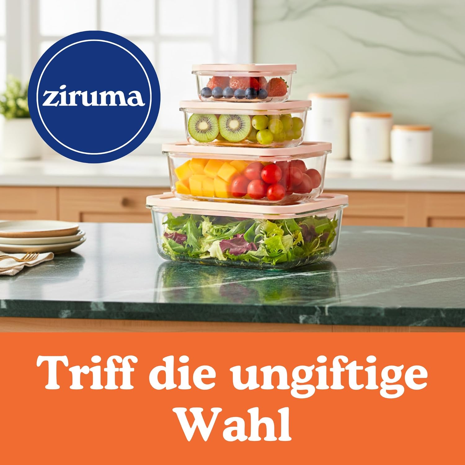 Ziruma Non-Toxic Glass Food Storage Containers - Airtight 2.6 Cup Meal Prep Set, Microwave & Freezer Safe, 4 Pack