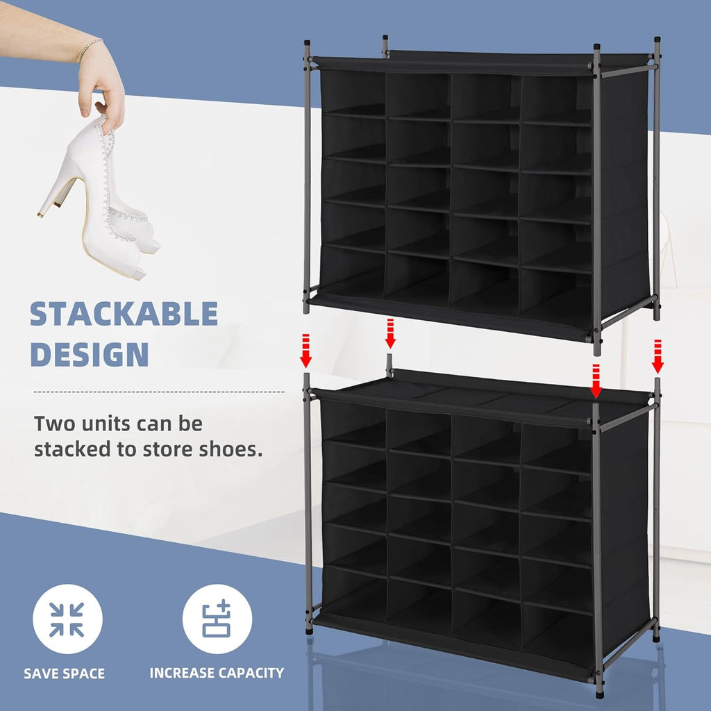 Storage Maniac Stackable Shoe Cubby Organizer - 20-Cube Free Standing Rack for Entryway & Closet - Black