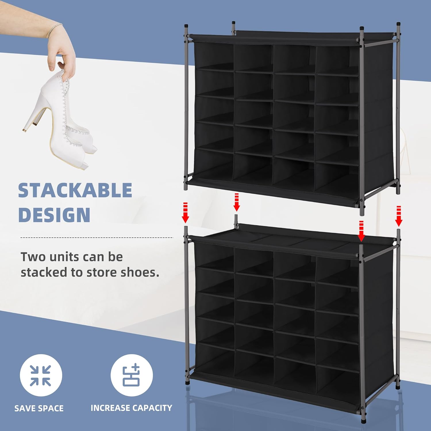 Storage Maniac Stackable Shoe Cubby Organizer - 20-Cube Free Standing Rack for Entryway & Closet - Black