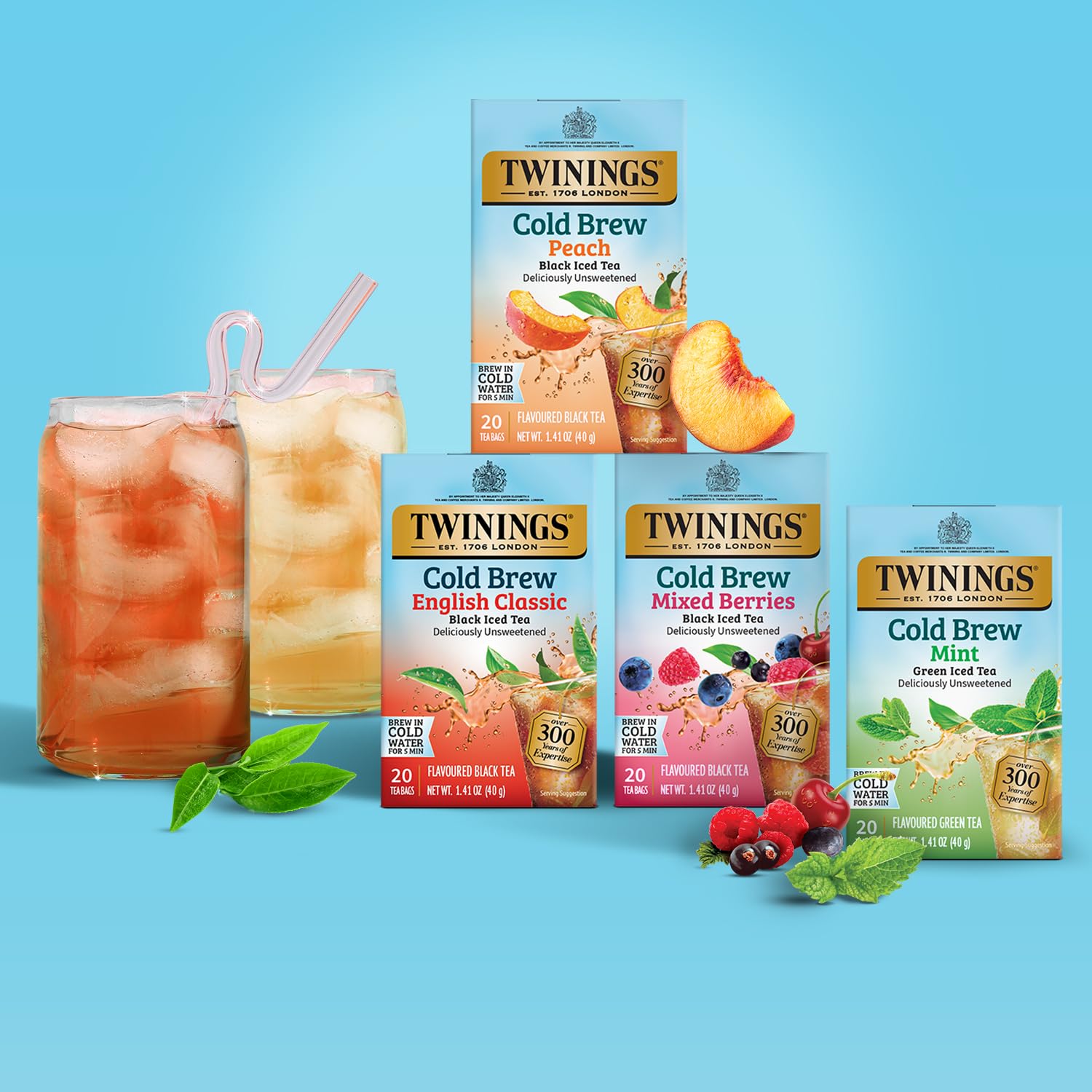 Twinings Peach Cold Brew Iced Tea Bags, 20 Count (Pack of 6), Unsweetened Flavoured Black Tea, Caffeinated, 120 Teabags