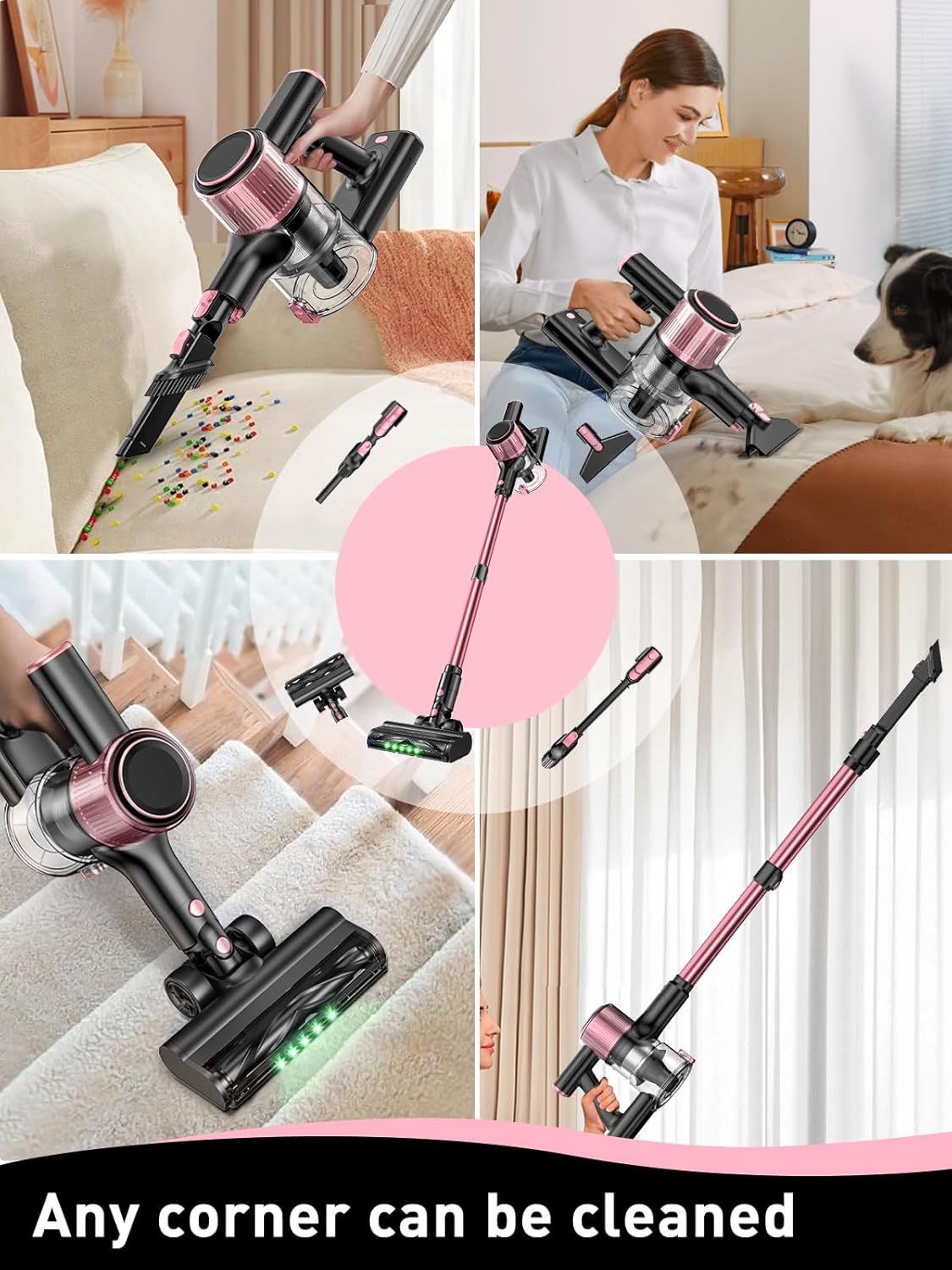 VICEASE Cordless Vacuum Cleaner - 8-in-1 Powerful Suction with LED Display & 45 Min Battery Life | Pink