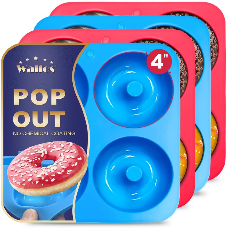 Walfos Full Size Silicone Donut Mold - 4In Donut Pan Big Size Non-Stick Donut Pan for Donut Cake Biscuit Bagels, Heat Resistant, BPA FREE and Dishwasher Safe(4Pack)