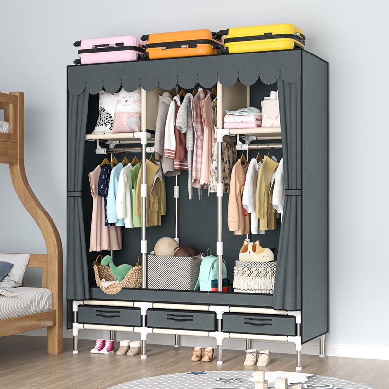 LEAIJIAFY Portable Armoire Wardrobe Closet with 3 Drawers and 3 Hanging Rods,Cloth Closet Wardrobe Cabinet for Hanging Clothes,Grey Cover,for Clothing,Bedding,51 in Width