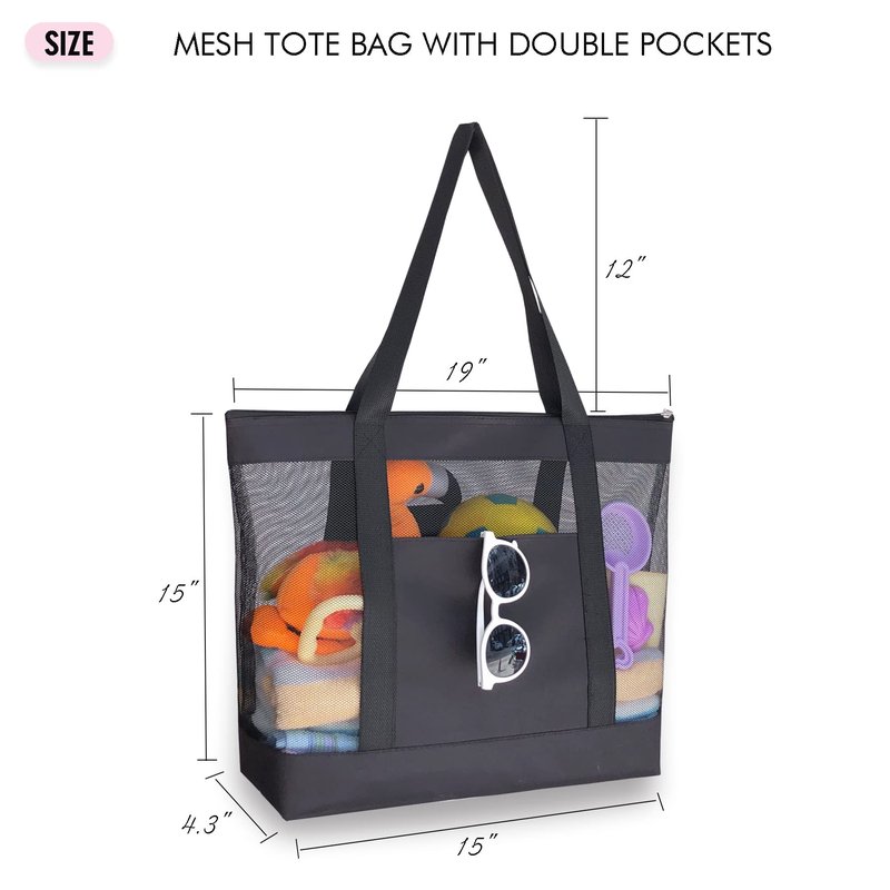 hsmyank 2Pack Mesh Tote Bag,Sandproof Beach Bags with Zipper &Double Pocket For Groceries,Poolside,Travel,Towels (Black)