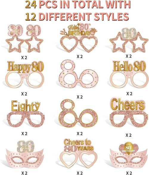Guiruiy 24PCS 80th Birthday Eyeglasses - Pink Rose Gold Party Supplies for Women | Fun Celebration Decor