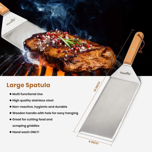 Stanbroil Large Metal Griddle Spatula Set with Long Flat Spatulas and Cast Iron Grill Press for Flat Tops, Griddles, Grills, Ovens and Stoves,Set of 4