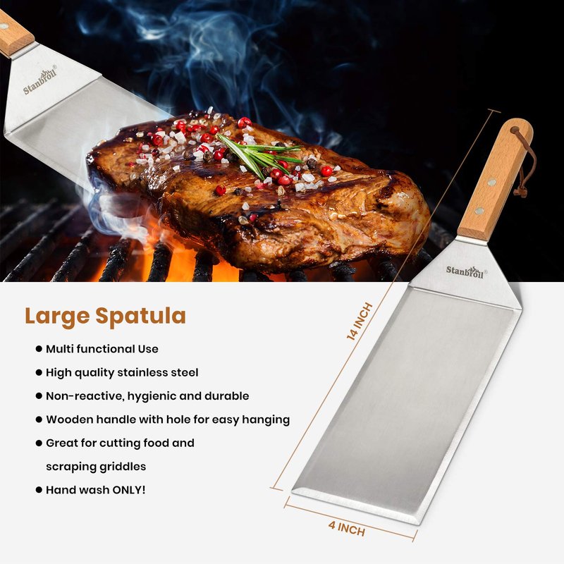 Stanbroil Large Metal Griddle Spatula Set with Long Flat Spatulas and Cast Iron Grill Press for Flat Tops, Griddles, Grills, Ovens and Stoves,Set of 4