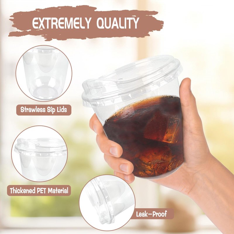 Foxtell 100 Pcs 12 Oz Clear Plastic Cups with Strawless Sip Lids Disposable Round Bottom Togo Cups for Iced Coffee Smoothie Beverage Cold Drinks Disposable Iced Coffee Cups for Party Catering BBQ