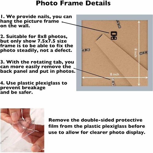 JCJMY 8x8 Picture Frame - Rustic White Wall Hanging & Tabletop Display with Shatter-Resistant Plexiglass