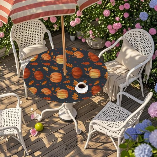 YGPARK Outdoor Fitted Round Table Cloth with Umbrella Hole, Fall Pumpkin Circle Elastic Tablecloth 45"-56" Waterproof Zipper Patio Table Cover for Picnic Camping Party Halloween Christmas Decoration
