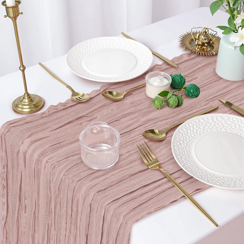 10FT 6 Pack Pink Cheesecloth Table Runner 35x120 inchs Romantic Boho Rustic Gauze Sheer Dusty Pink Cheese Cloth Table Runners for Wedding Bridal Baby Shower Tea Party Birthday Home Decorations