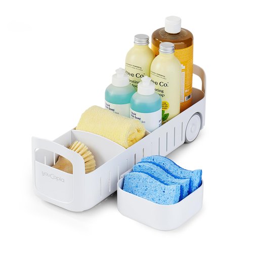 YouCopia RollOut Caddy Rolling Storage Bin with 2 Adjustable Dividers and Removable Basket for Kitchen and Bathroom Under Sink Organization, 5" Wide