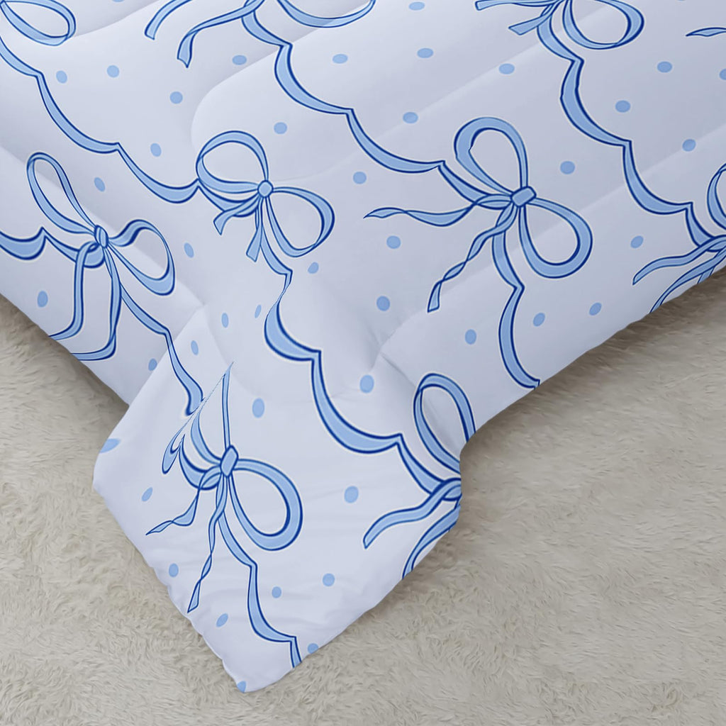 QOOMO 3Pcs Bow Comforter Set Full,Blue Bow Bedding Set for Teens Boys Girls,Blue Bow Dots Printed Comforter with 2 Pillowcases,Down Alternative,Soft and Lightweight
