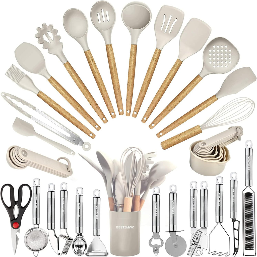 Skiennix Kitchen Utensils Set - 35-Piece Heat Resistant Silicone & Wooden Cooking Tools for Nonstick Cookware
