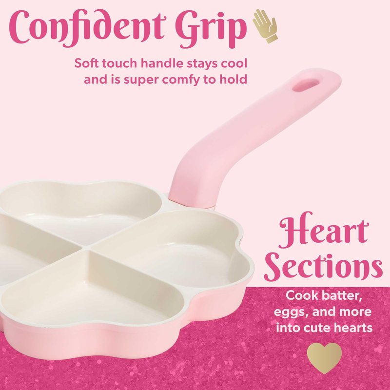Paris Hilton Heart-Shaped Divided Fry Pan, Ceramic Nonstick Frying Pan with Individual Heart Sections, Dishwasher Safe, 8-Inch, Pink