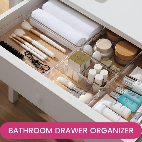 Criusia Drawer Organizer Bins - 26 Pack Clear Plastic Kitchen & Bathroom Organizers | Versatile Utensil & Makeup Storage