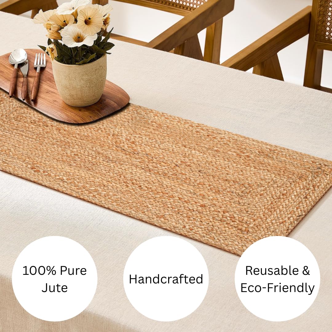 Ohomly Living Rustic Braided Jute Table Runner 36 Inches Long - 13x36 Inch Farmhouse Style Natural Dining Table Décor - Durable, Non-Slip, Heat & Scratch Protection 100% Jute Handcrafted Table Runner
