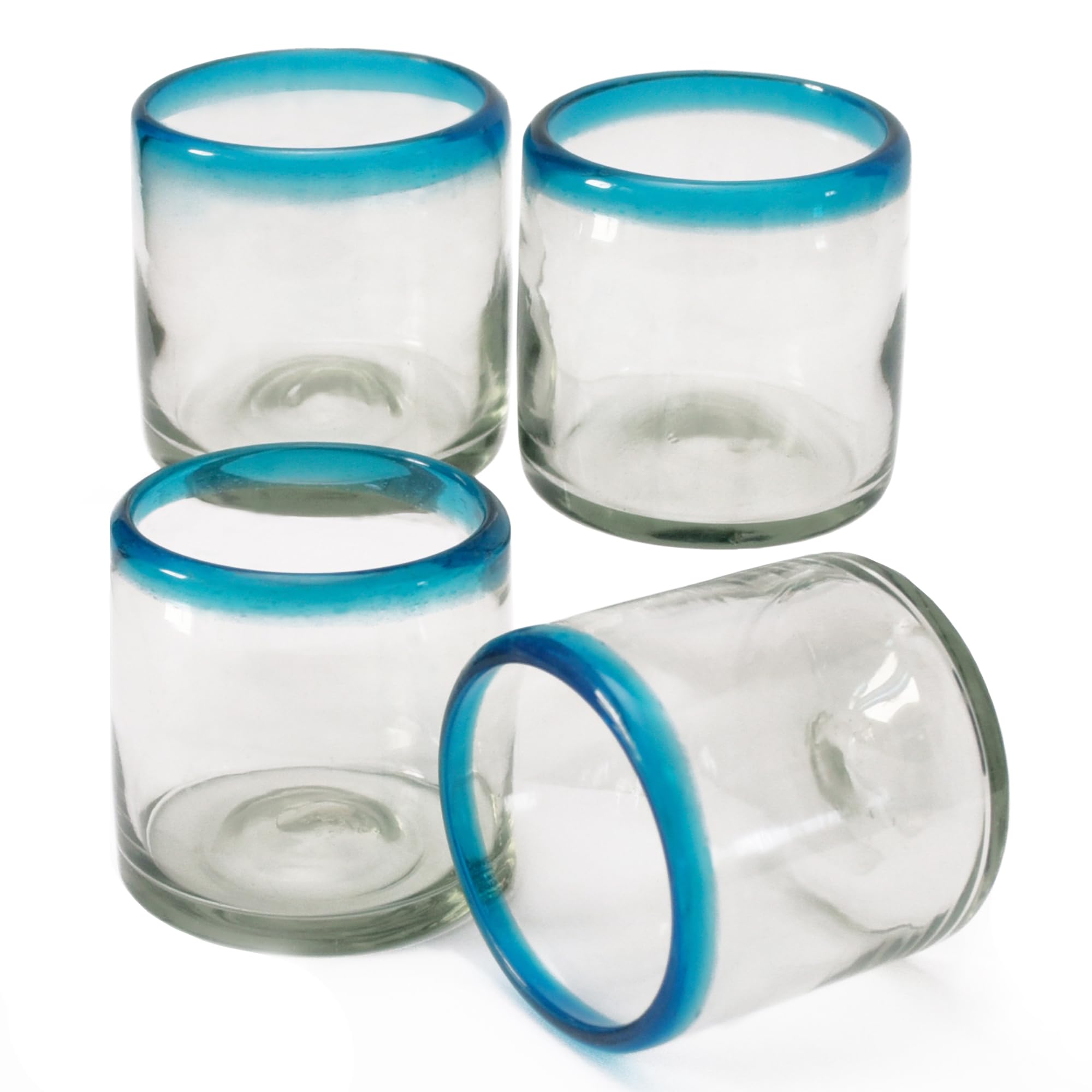 Hand-Blown Cocktail Glasses From Mexico – Set of 4 Lowball Rocks Glasses | Authentic Handcrafted 12 oz Old Fashioned Cocktail Glasses | Mexican Kitchen & Barware Gift Set | Blue Rim