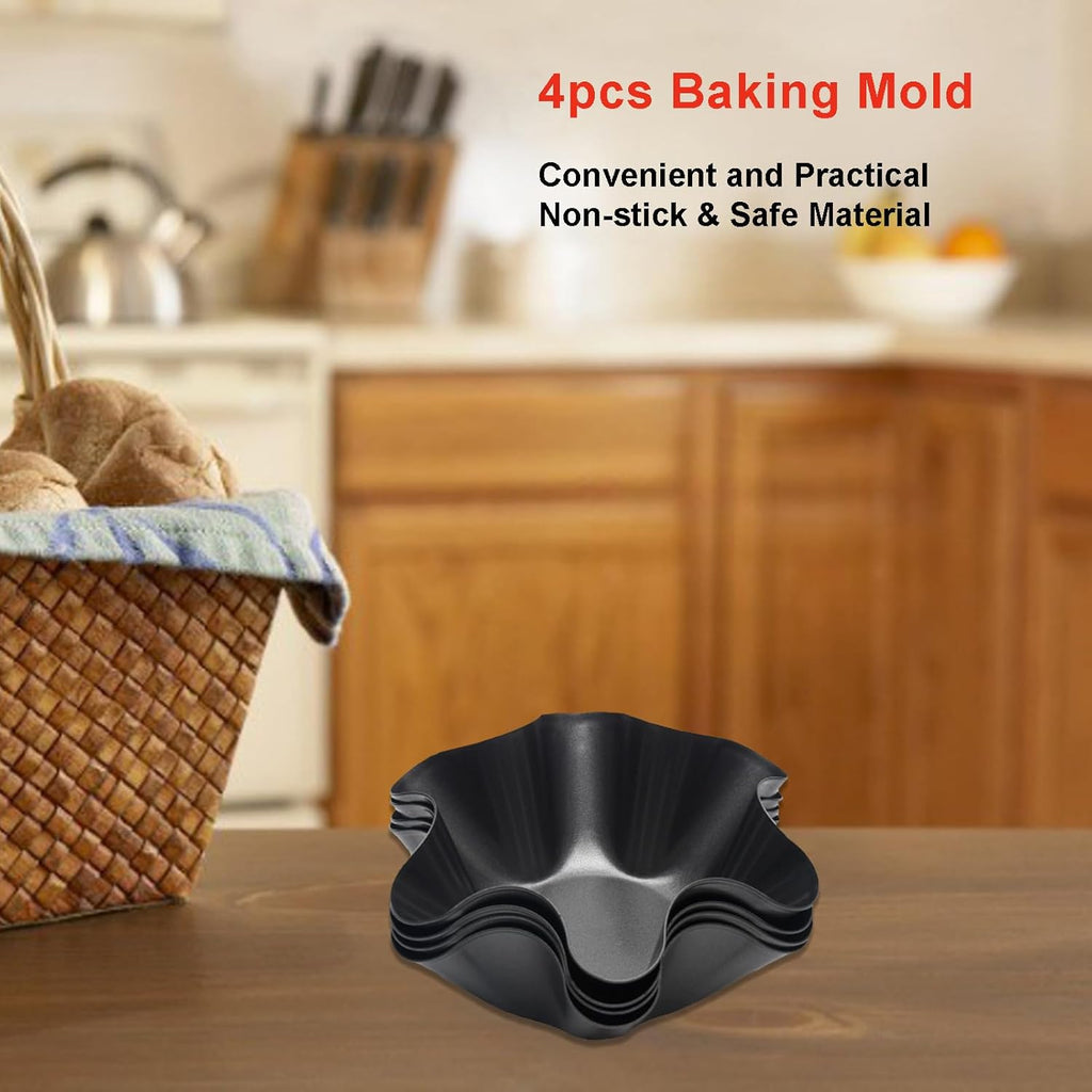 Skiennix Tortilla Pan Set - 4-Piece Non-Stick Carbon Steel Taco Bowl Makers | Black Flower-Shaped Molds (16.5x7.5x6cm)