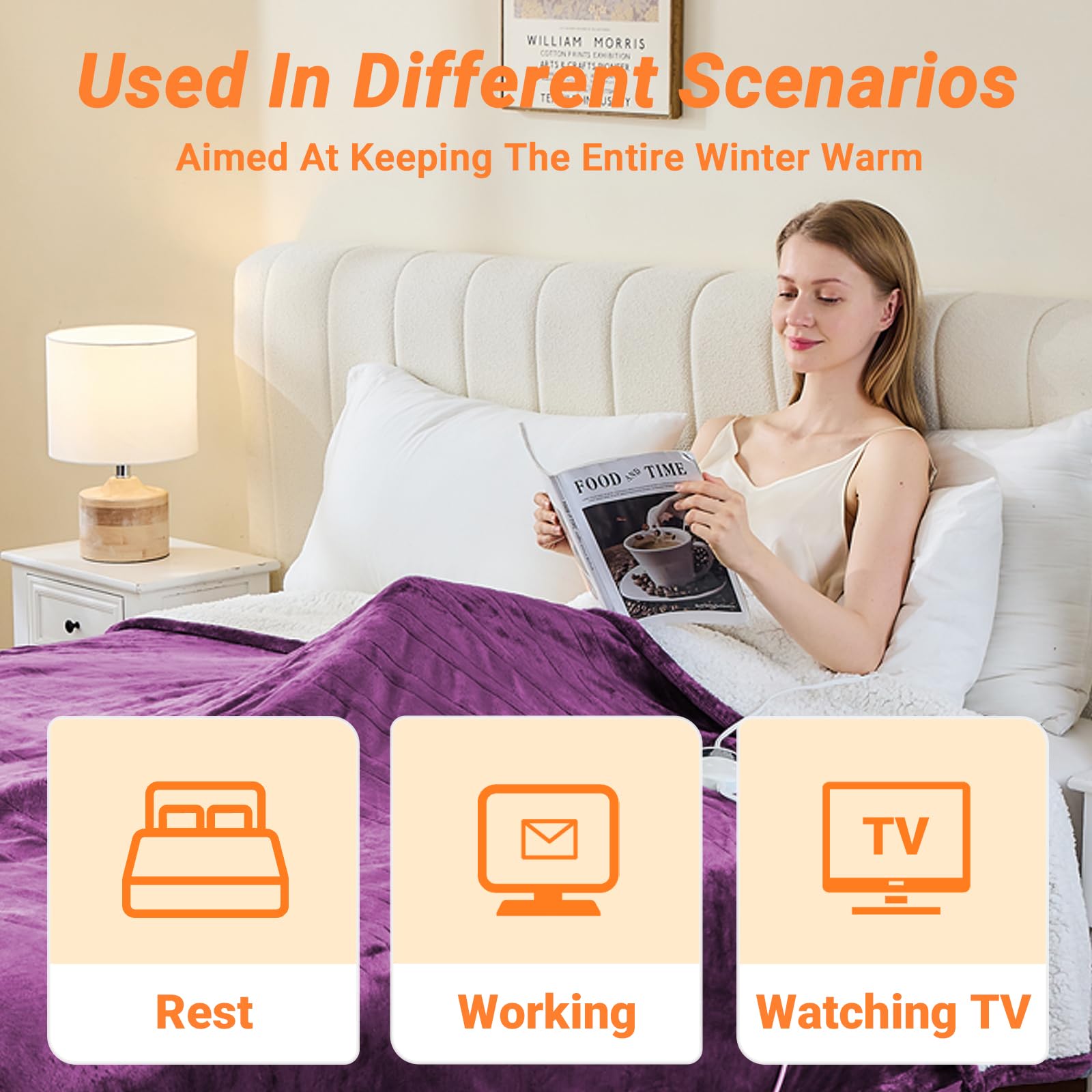 Electric Blanket Heated Throw, Soft Flannel Heating Blanket with 8 Hours Auto Off 10 Fast Heating Levels Machine Washable Sherpa Heated Blanket with Overheating Protection