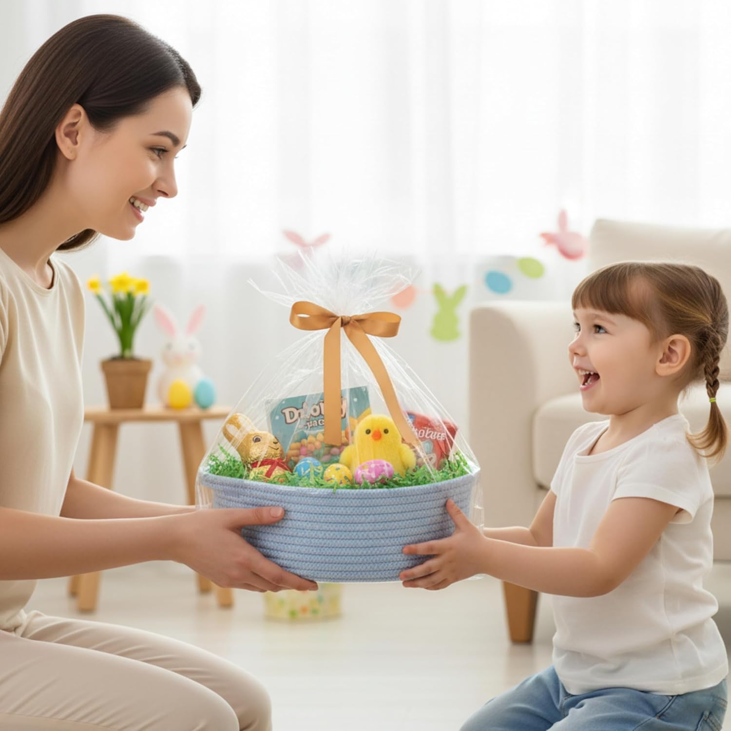 Small Woven Easter Basket by [Brand Name] - Decorative Rope Storage Organizer | Gift Bag & Ribbon Included, 12"x8"x5", Blue
