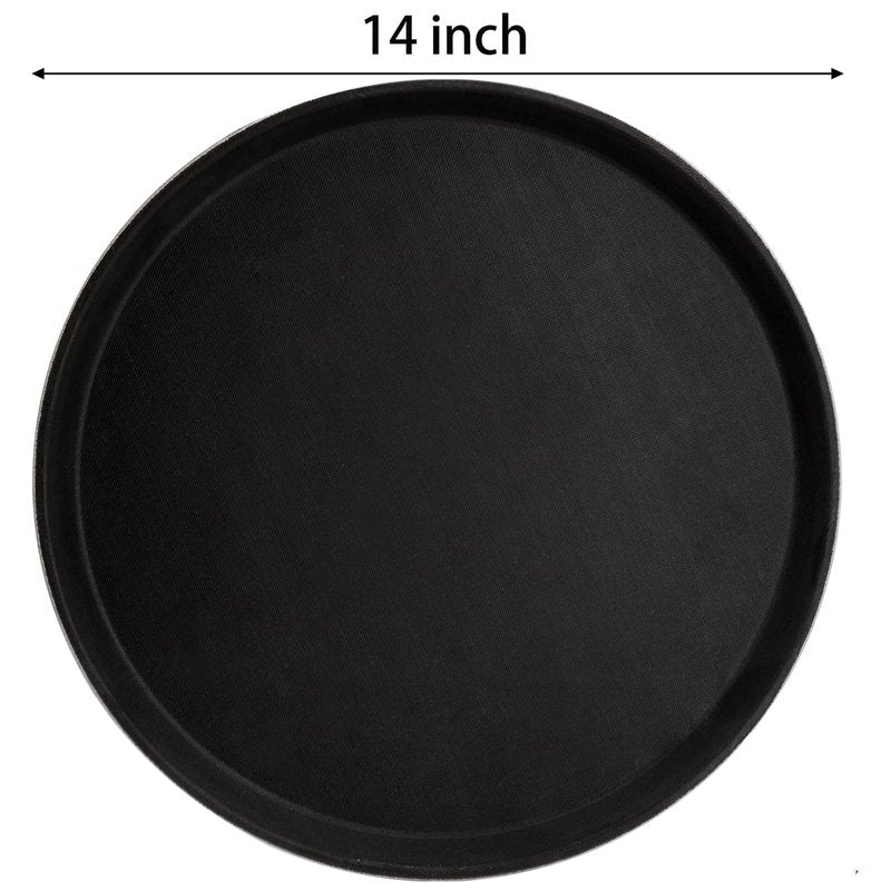TOPZEA 4 Pack 14 Inch Round Restaurant Serving Tray, Fiberglass Non-Slip Rubber Lined Black Server Trays Commercial Grade Bar Service Tray for Restaurant, Kitchen, Cafeteria, Catering, Easy Clean