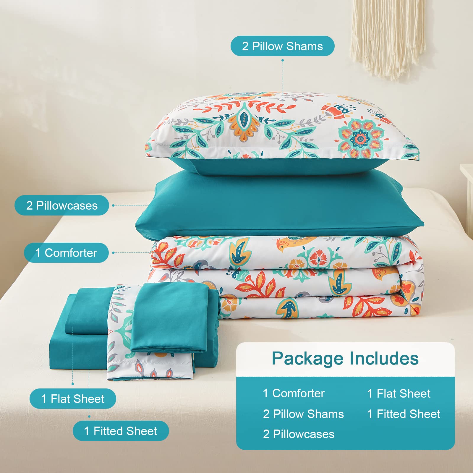 DHSFKBE Boho Comforter Set Queen - 7 Pieces Bed in a Bag Floral Medallions Design, Bohemian Comforter Set with Sheets, Soft Microfiber Complete Bedding Sets All Season (Teal Blue, Queen)