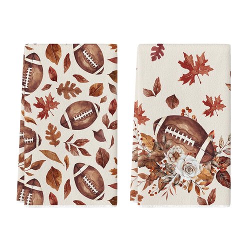 Artoid Mode Maple Leaves Football Kitchen Towels Dish Towels, 18x26 Inch Bowknot Fall Flower Thanksgiving Decoration Hand Towels Set of 2