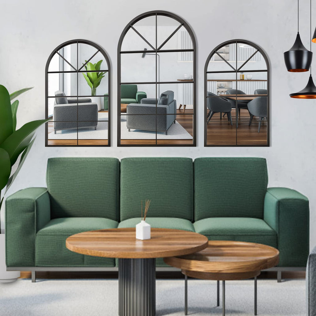 ironsmithn Arched Mirror, Windowpane Mirror, 31.5"x19.7" Window Finished Metal Mirrors, Black Grid Mirrors for Decor Living Room Fireplace Entryway Bedroom Hallway