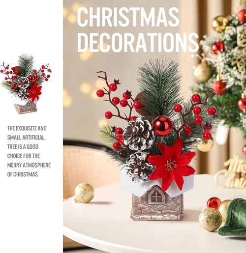 Hatisan Artificial Christmas Tree - Small Tabletop Design with Ornaments & Pine Cones | Red