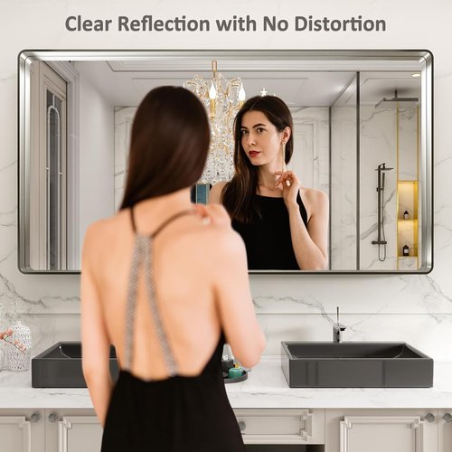 LOAAO Brushed Nickel Bathroom Mirror - 72x32 Inch Rounded Rectangle Design, Anti-Rust & Shatterproof