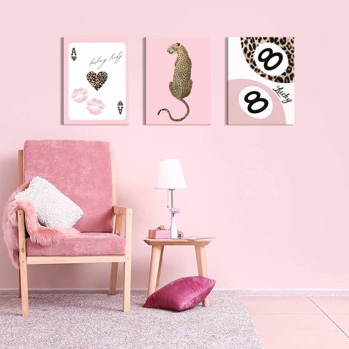 Funky Lucky You | Trendy Leopard Canvas Wall Art Set of 3 - Pink Cheetah Prints for Girls' Bedroom, 12x16 Inch Framed
