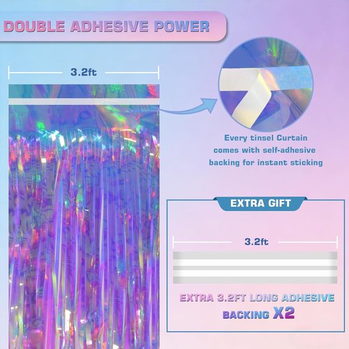 Iridescent Clear Tinsel Curtain Backdrop - 3.28 x 8ft Rainbow Foil Fringe | Shimmer Party Decoration (2 Pack)
