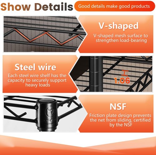 BestOffice 6-Tier Wire Storage Shelves - Heavy-Duty Metal with Wheels | Adjustable, No-Tool Assembly | 18x45x82 | Black, Holds Up to 2100 lbs