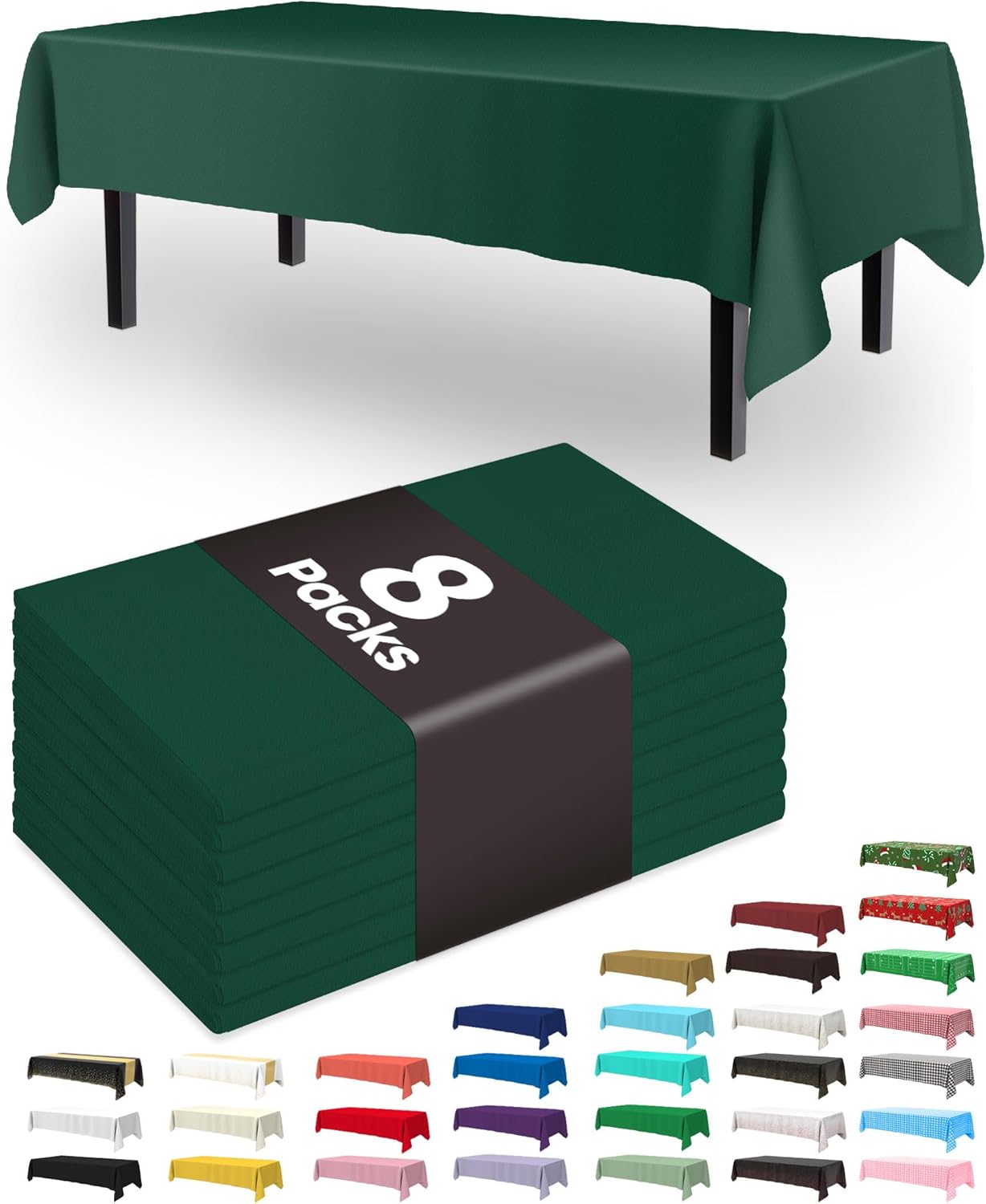 Pureegg Disposable Plastic Table Cloths - 8 Pack, 54 x 108 Inch, Leakproof & Sturdy, Emerald Green