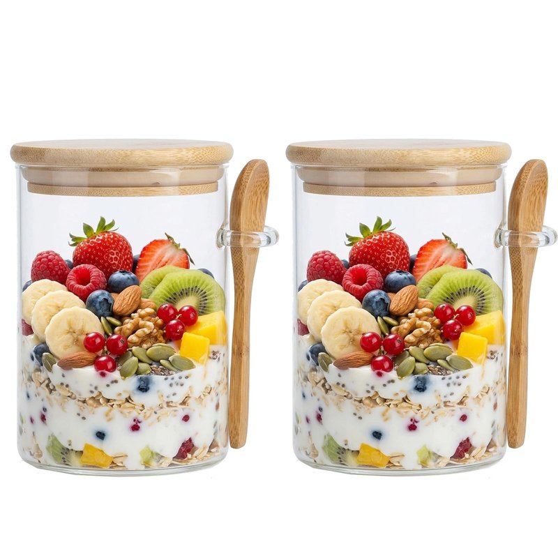 Povinmos Overnight Oats Containers with Lids,17oz Oats Glass Jars Storage Containers, Oatmeal Cups,Meal Prep Containers,Glass Coffee Nuts Canister For Pantry Cereal Sugar Tea Beans(2)