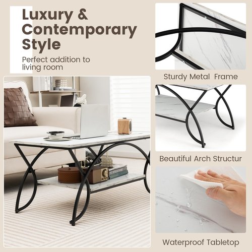 COSTWAY 2-Tier Coffee Table, Modern Faux Marble Accent Table with Storage and Black Finished Metal Frame, Chic Rectangular End Table for Living Room Office Lounge (White+Black)