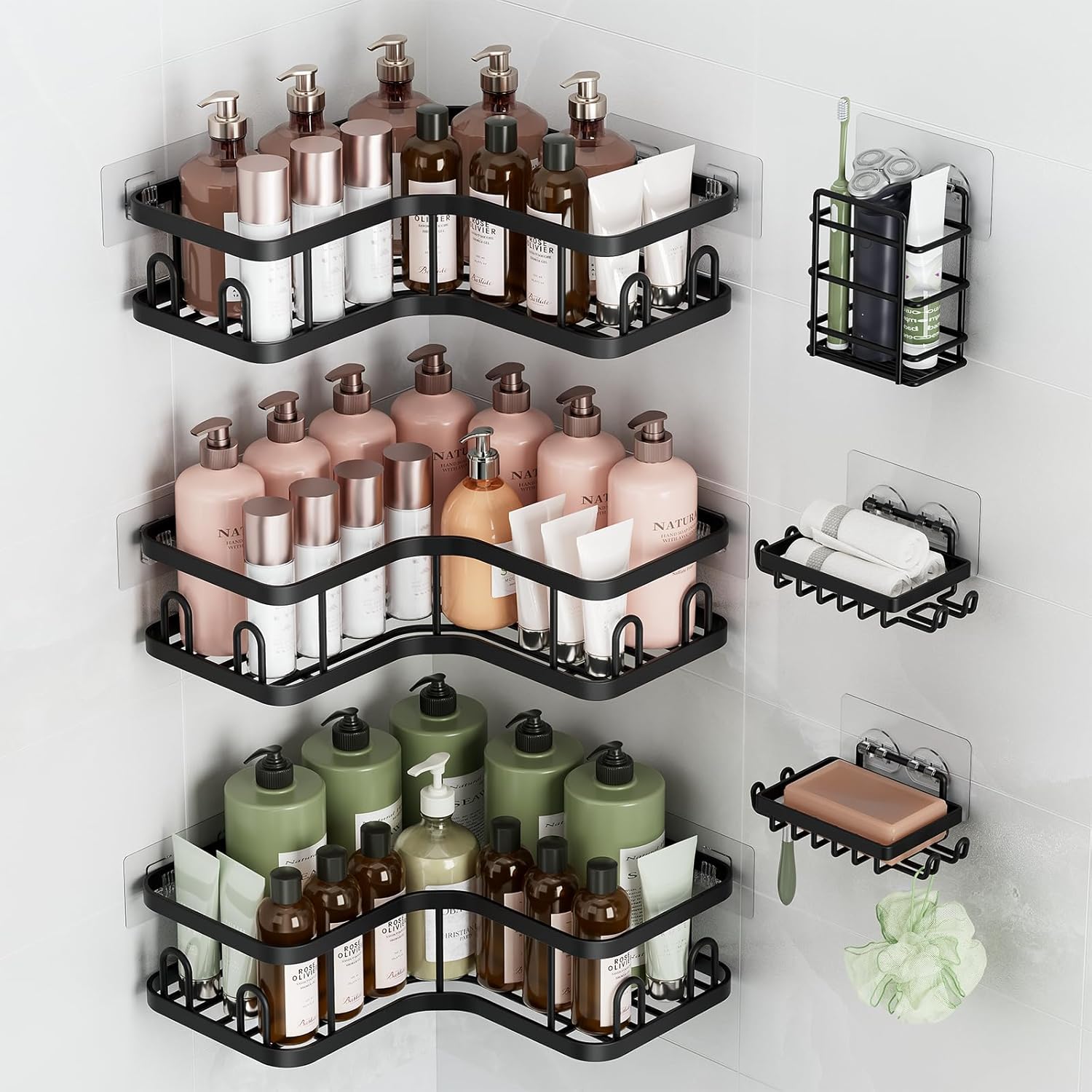 Veken Corner Shower Caddy - Advanced Rustproof Design | No Drilling Adhesive Shelves, Large Capacity, Black