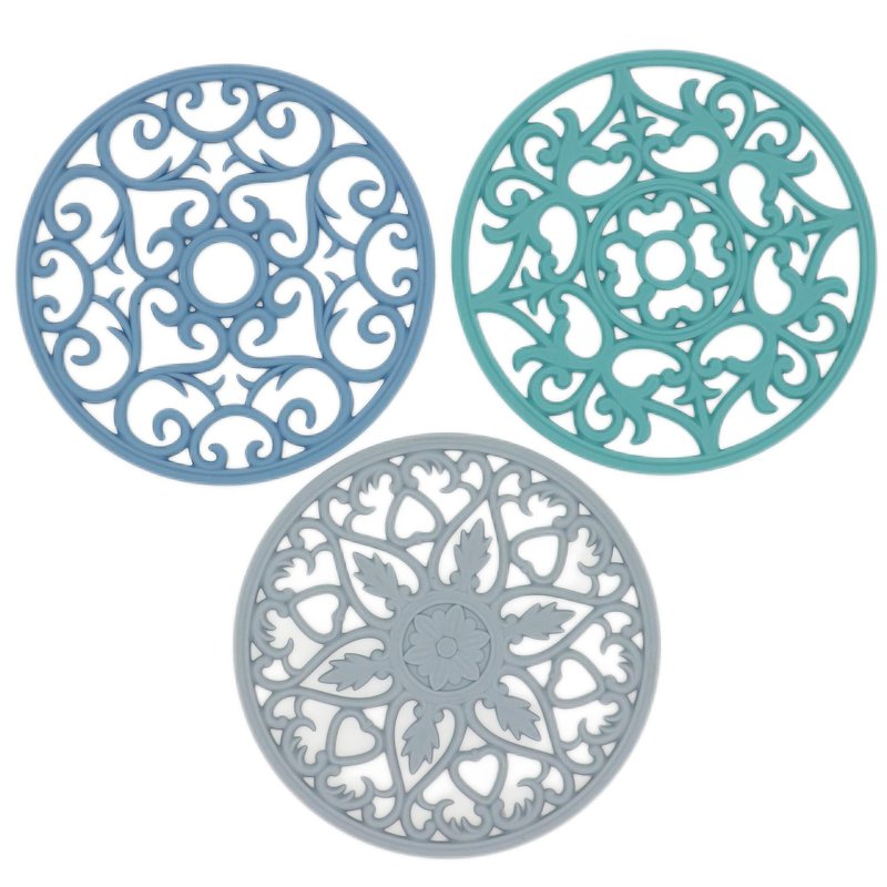 Viwehots Silicone Trivets Mats for Hot Pots and Pans, Multi-Use Intricately Carved Hot Pads and Mats, Flexible Modern Kitchen Table Mat, Heat Resistant Round Big Coaster Set of 3 Mixing Color
